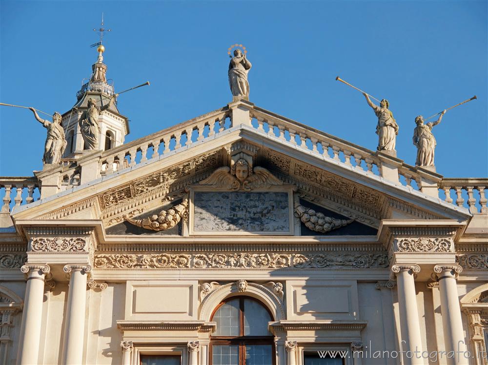 Saronno (Varese, Italy) - Upper part of the facade of the Sanctuary of the Blessed Virgin of the Miracles